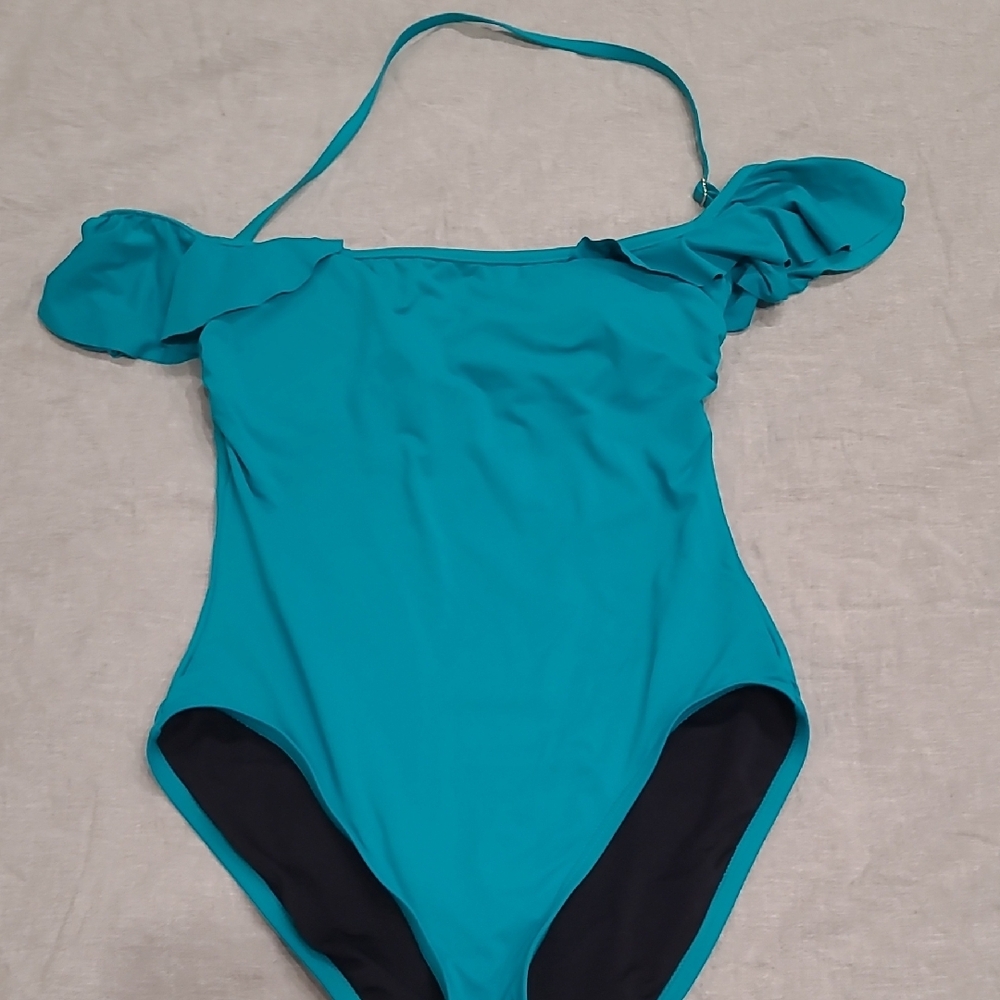 Vince Camuto Blue One Piece Swimsuit with Ruffled Off-Shoulder Design